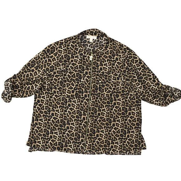 Michael Kors Brown Cheetah Button-Up Top, XL, Polyester Full Zip Long Sleeve - Picture 1 of 7